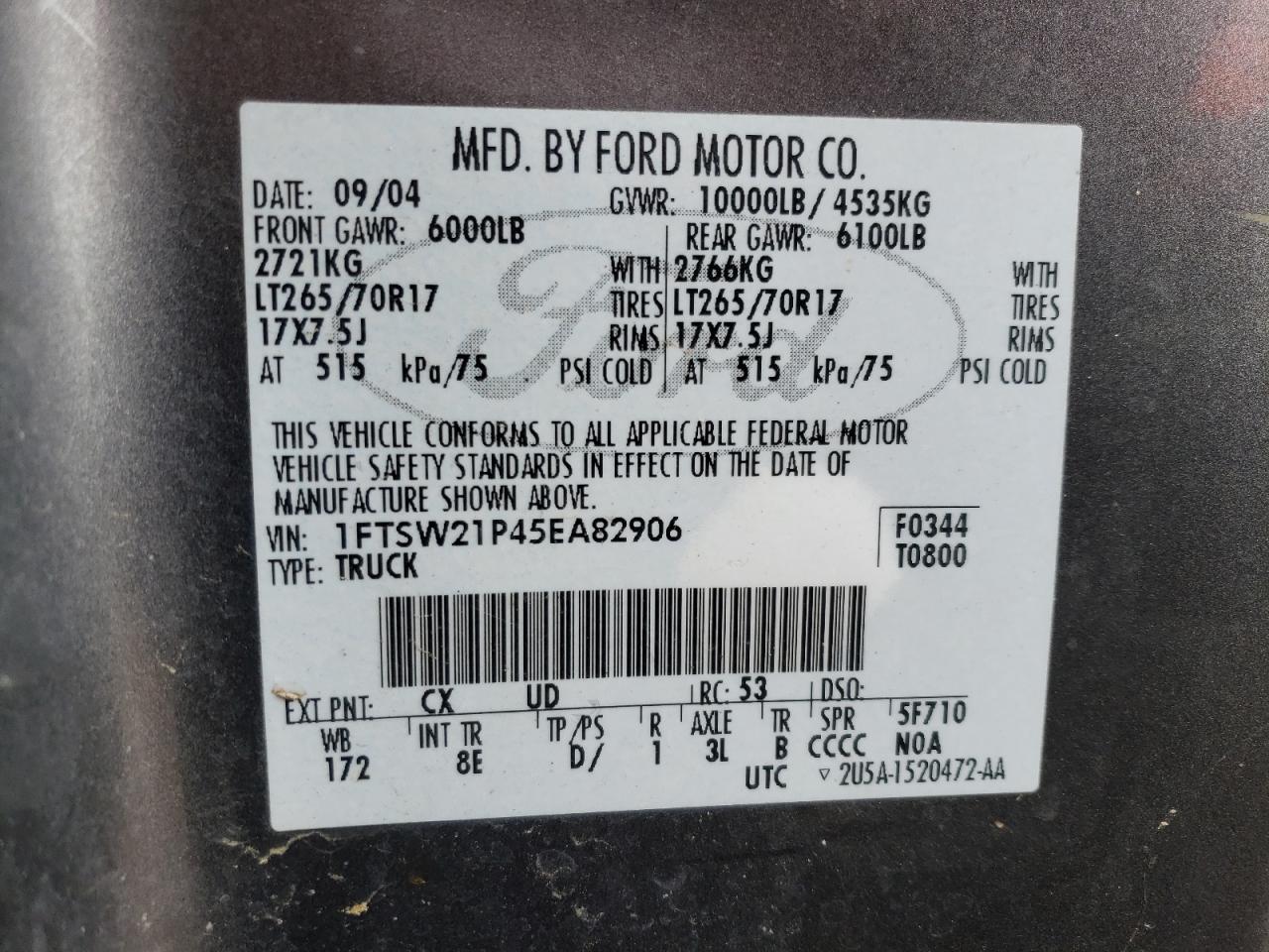 1FTSW21P45EA82906 2005 Ford F250 Super Duty