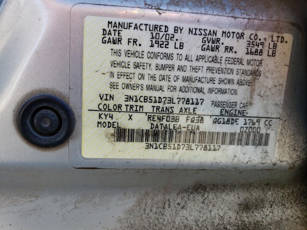 3N1CB51D73L778117 2003 Nissan Sentra Xe