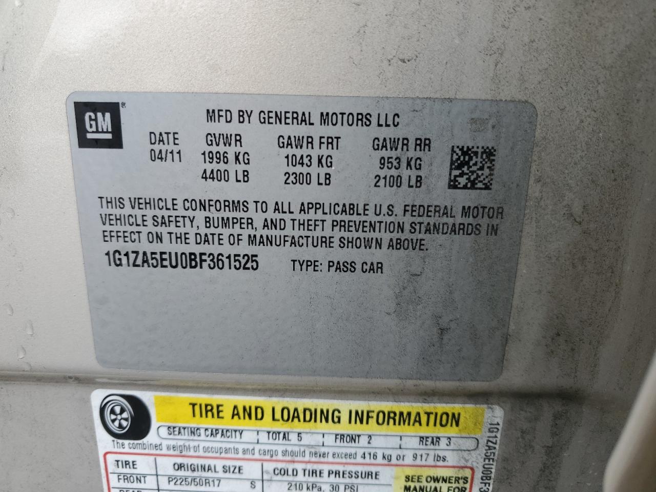 1G1ZA5EU0BF361525 2011 Chevrolet Malibu Ls