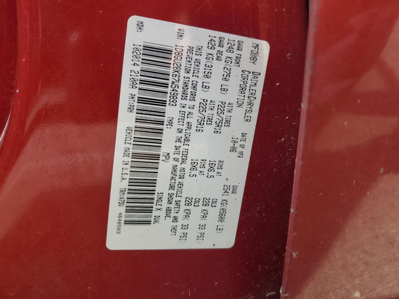 1D8GU28K67W549893 2007 Dodge Nitro Sxt