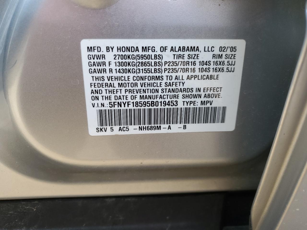 5FNYF18595B019453 2005 Honda Pilot Exl