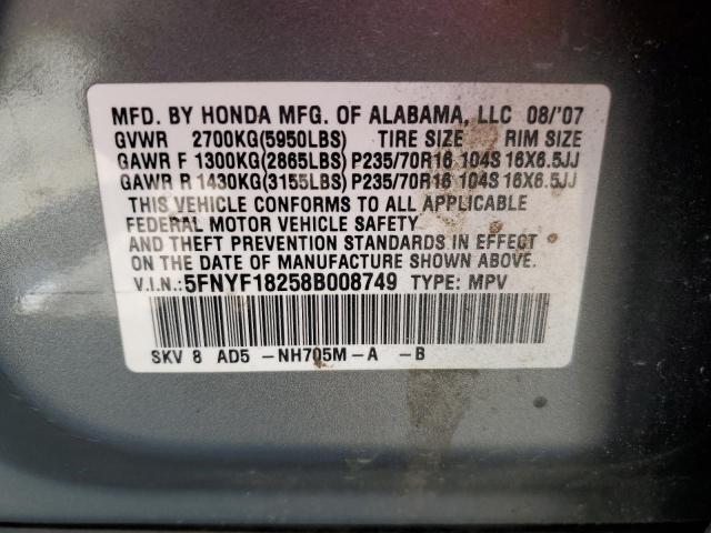 2008 Honda Pilot Vp VIN: 5FNYF18258B008749 Lot: 50110364