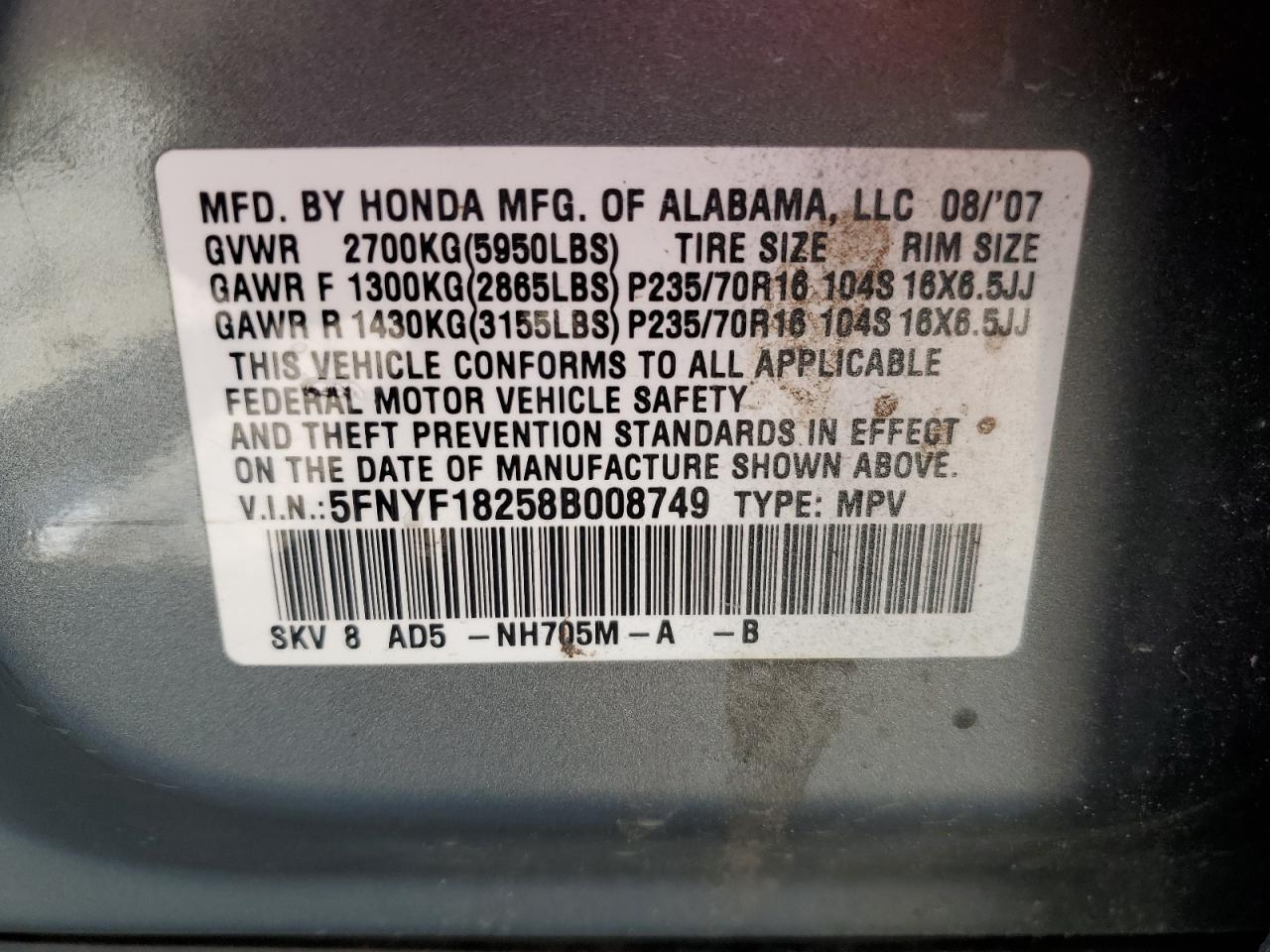 5FNYF18258B008749 2008 Honda Pilot Vp