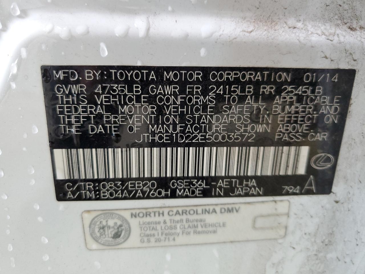 JTHCE1D22E5003572 2014 Lexus Is 350