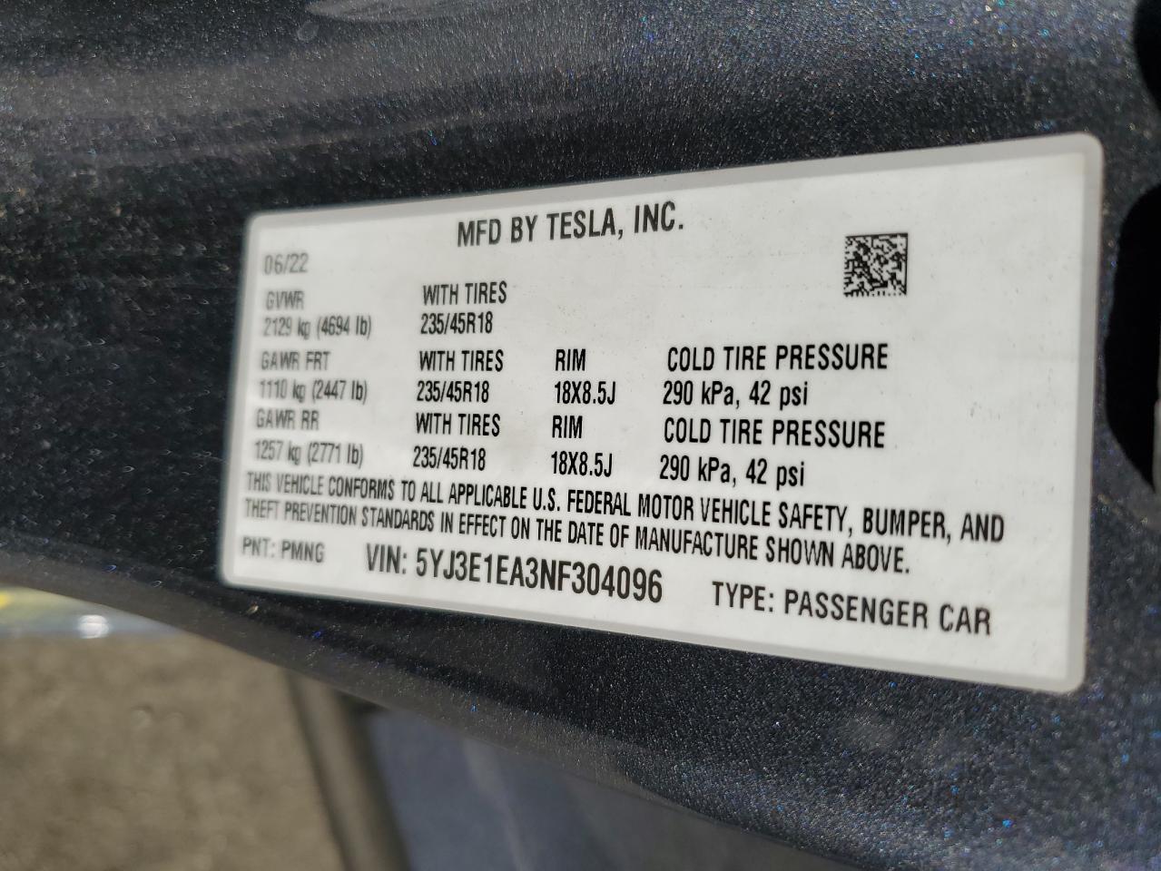 5YJ3E1EA3NF304096 2022 Tesla Model 3