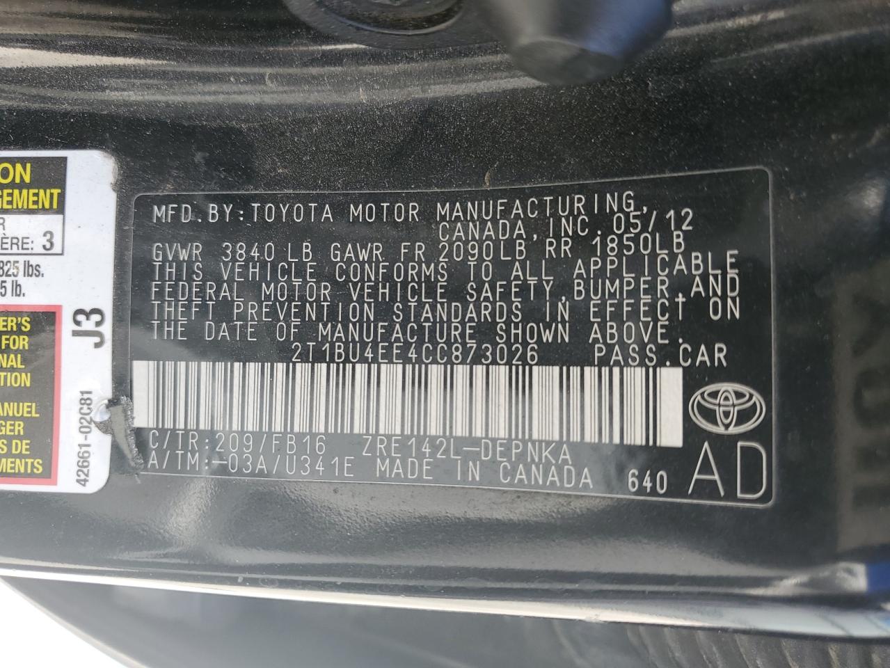 2T1BU4EE4CC873026 2012 Toyota Corolla Base