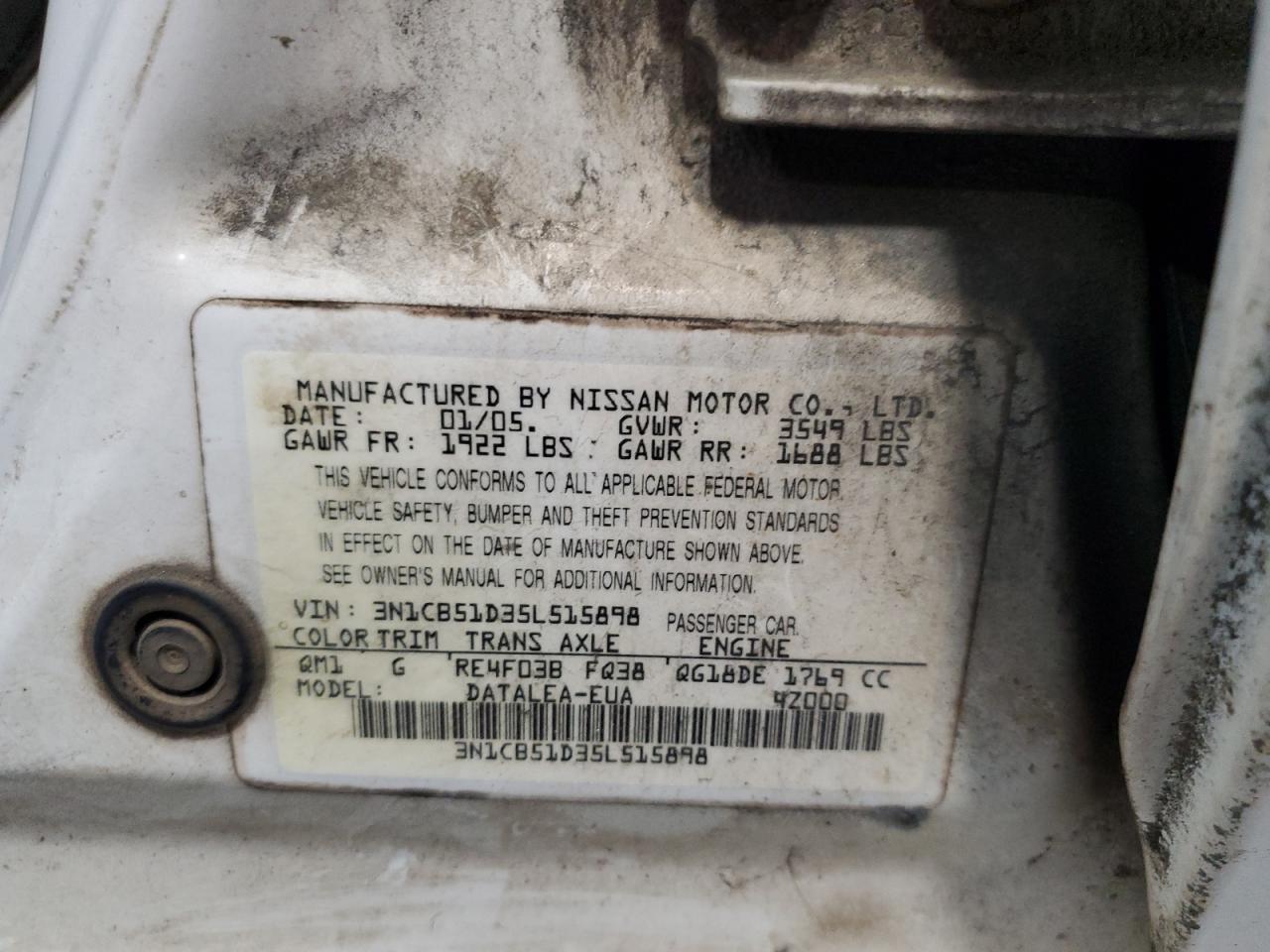 3N1CB51D35L515898 2005 Nissan Sentra 1.8