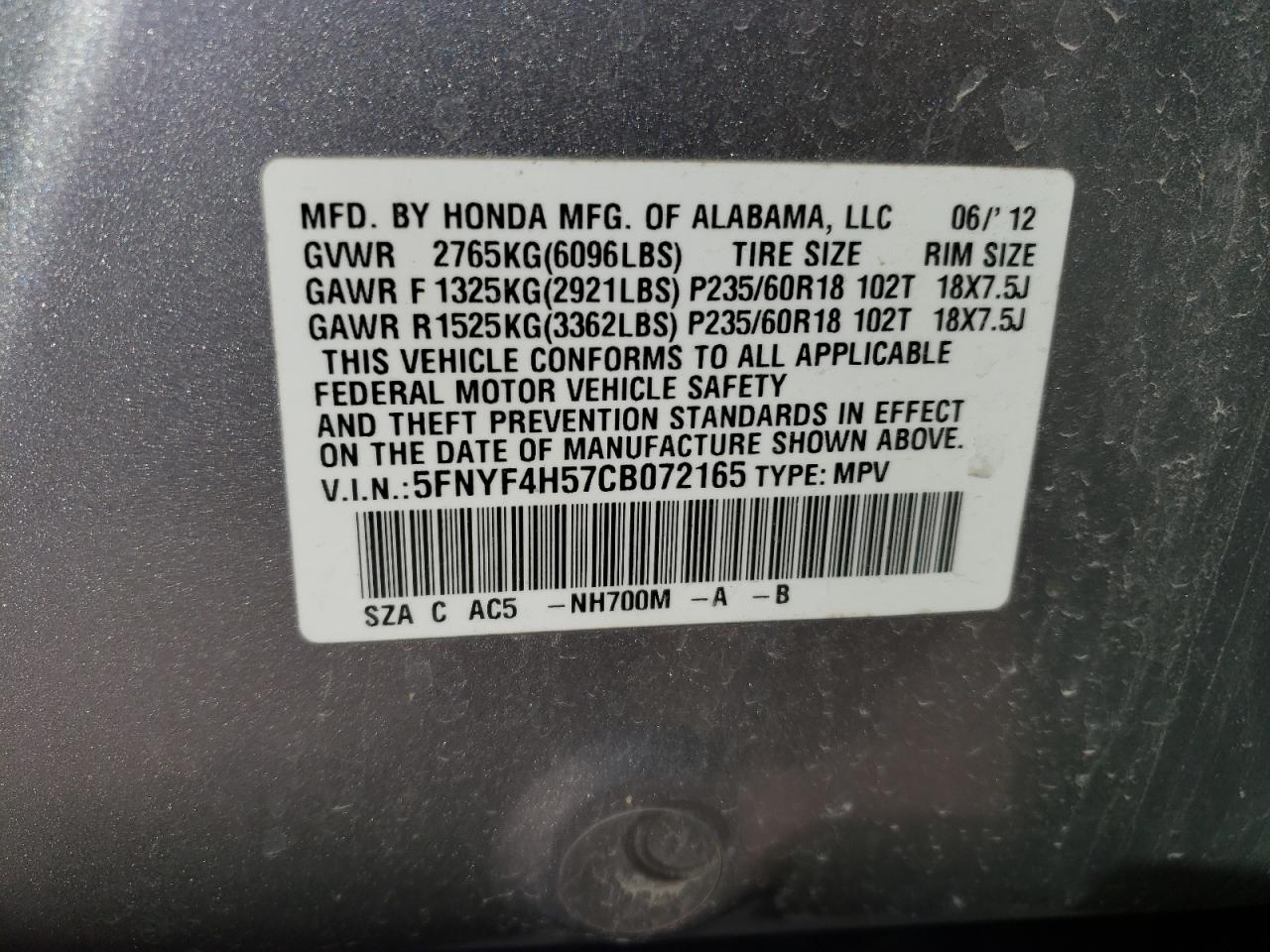5FNYF4H57CB072165 2012 Honda Pilot Exl