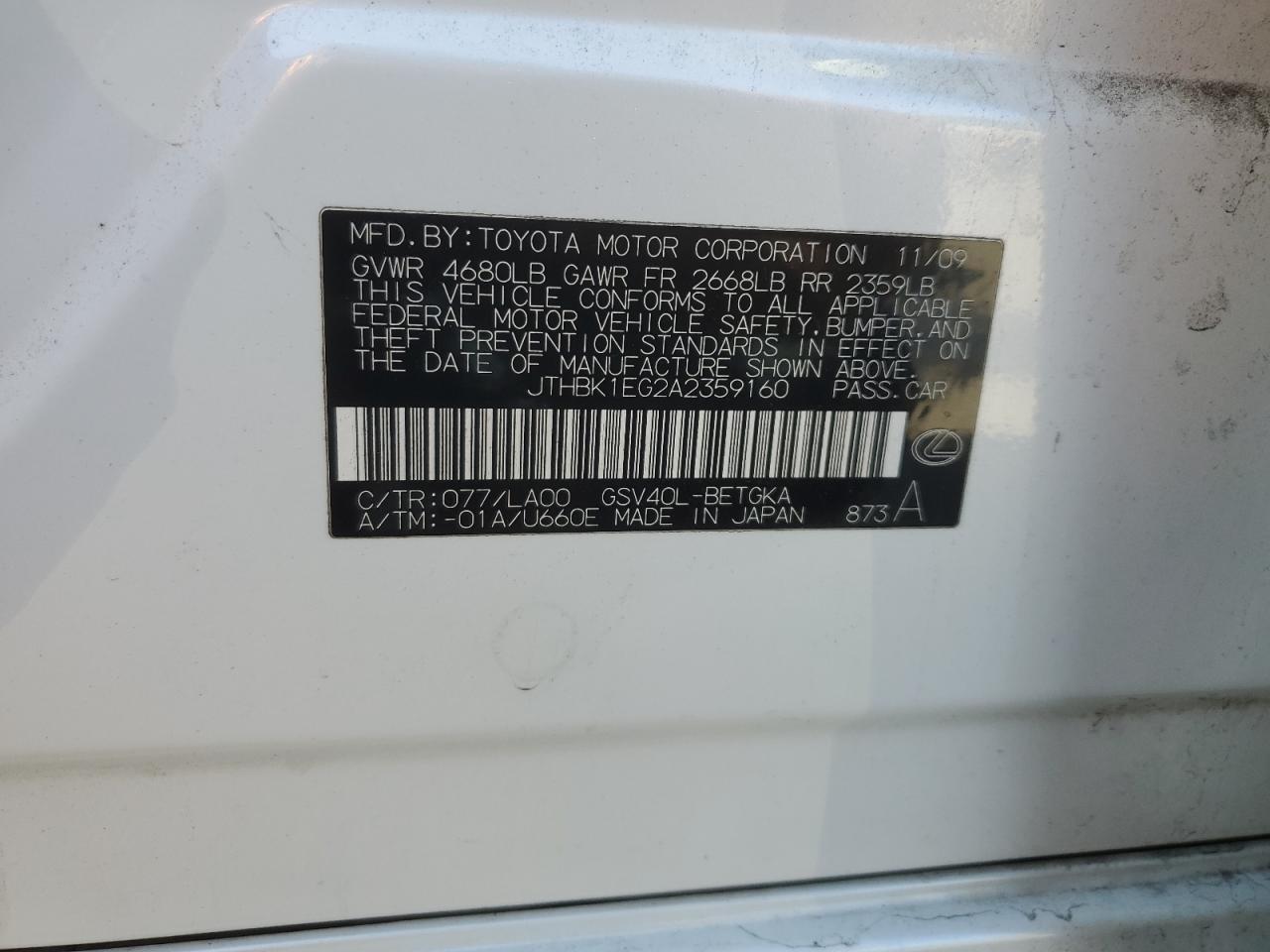 JTHBK1EG2A2359160 2010 Lexus Es 350