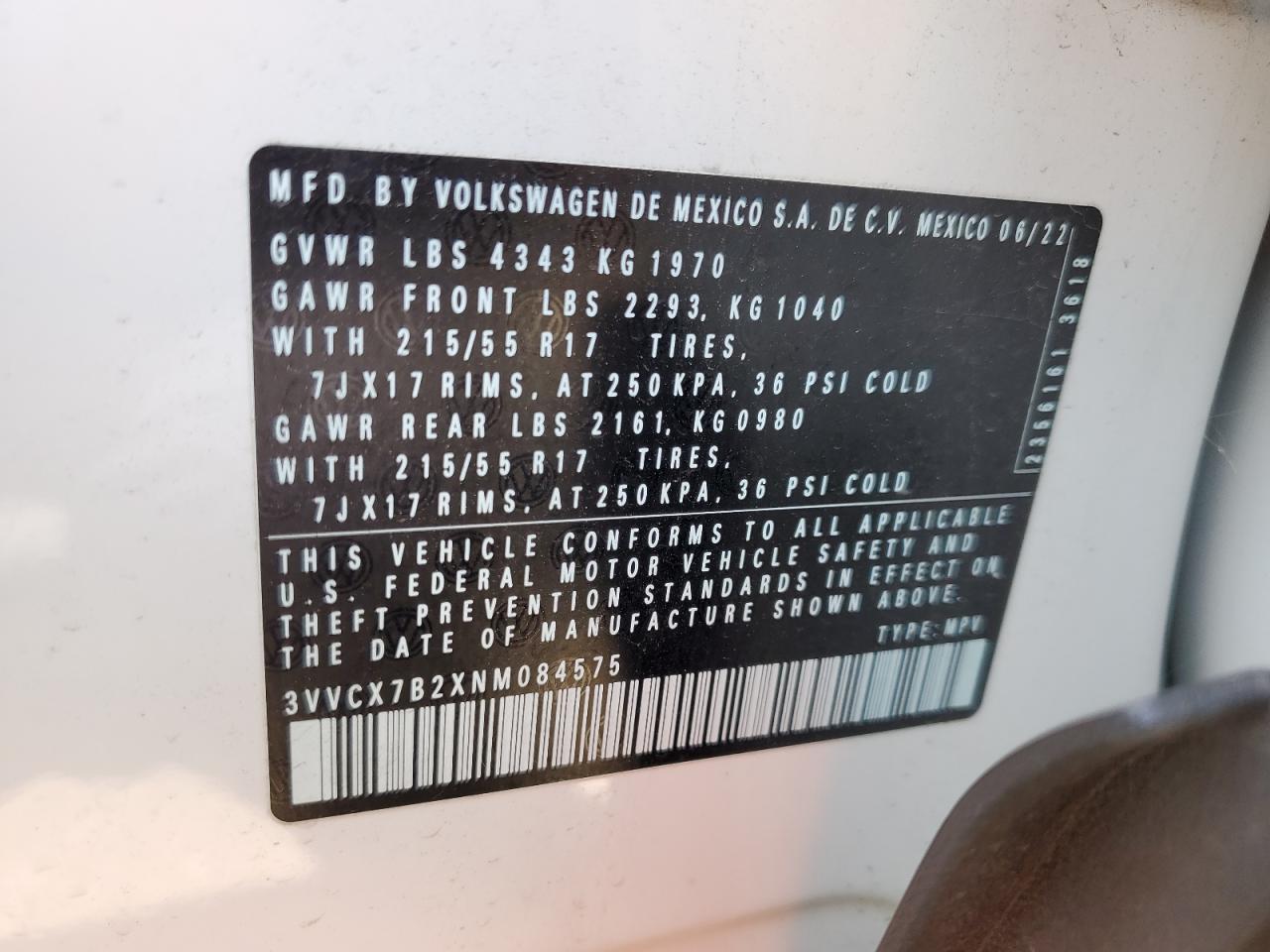 3VVCX7B2XNM084575 2022 Volkswagen Taos S