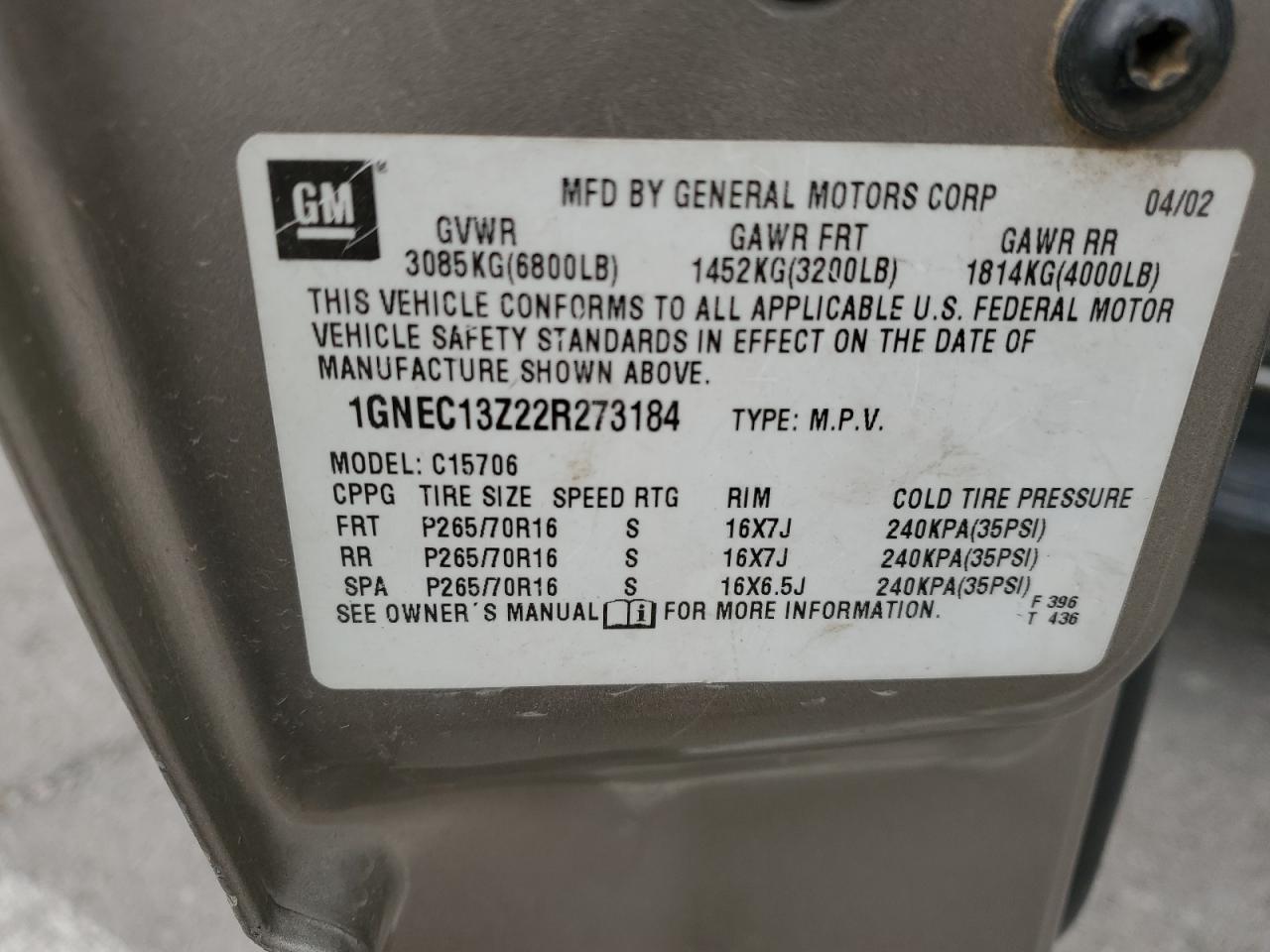 1GNEC13Z22R273184 2002 Chevrolet Tahoe C1500