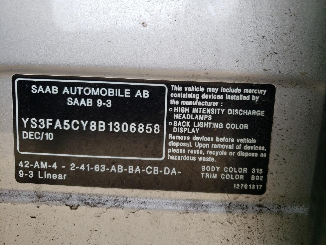 YS3FA5CY8B1306858 2011 Saab 9-3 2.0T