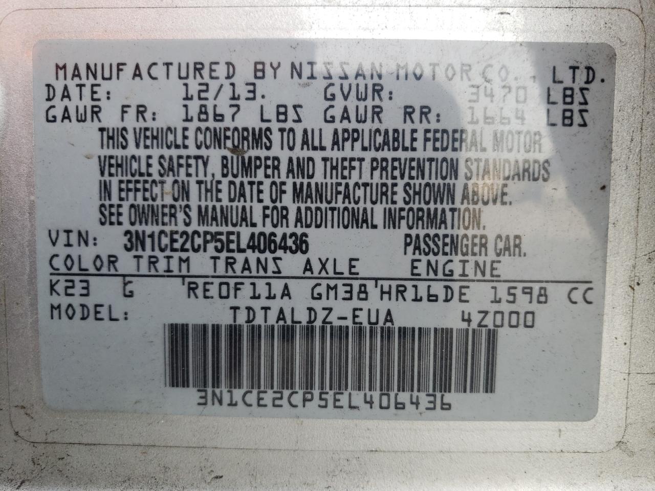 3N1CE2CP5EL406436 2014 Nissan Versa Note S