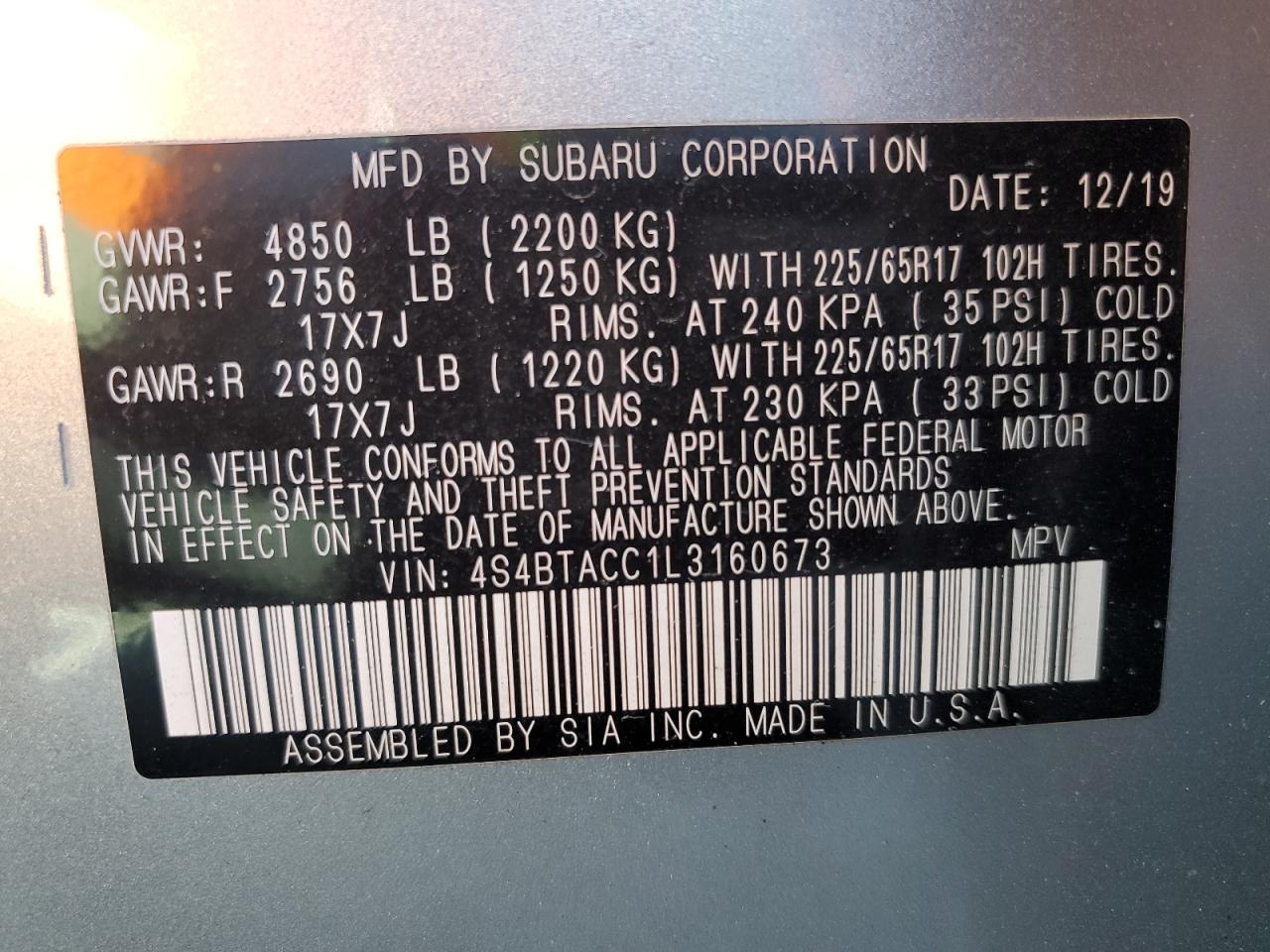 4S4BTACC1L3160673 2020 Subaru Outback Premium