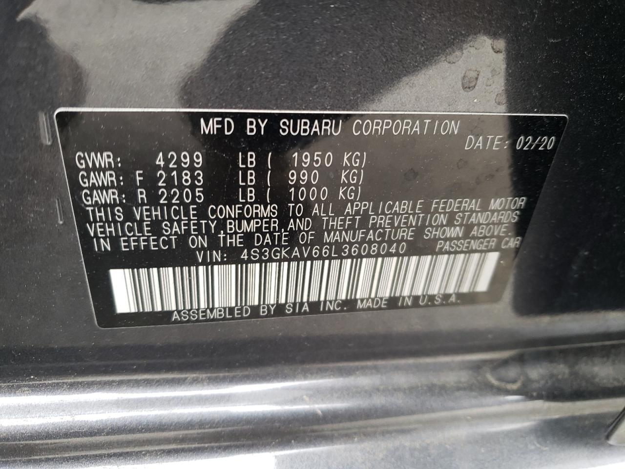 4S3GKAV66L3608040 2020 Subaru Impreza Premium