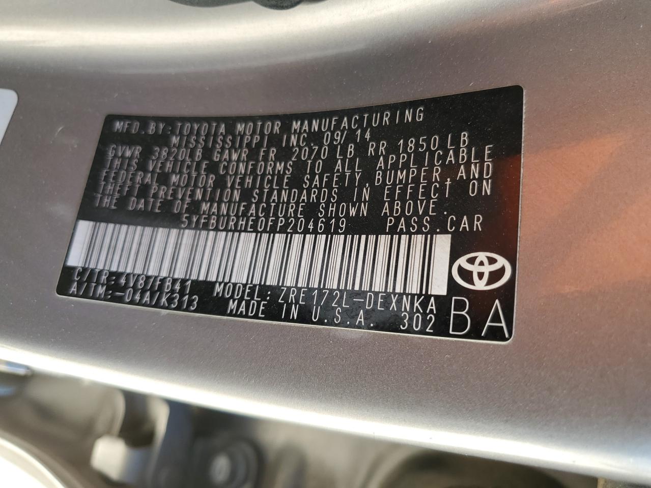 5YFBURHE0FP204619 2015 Toyota Corolla L