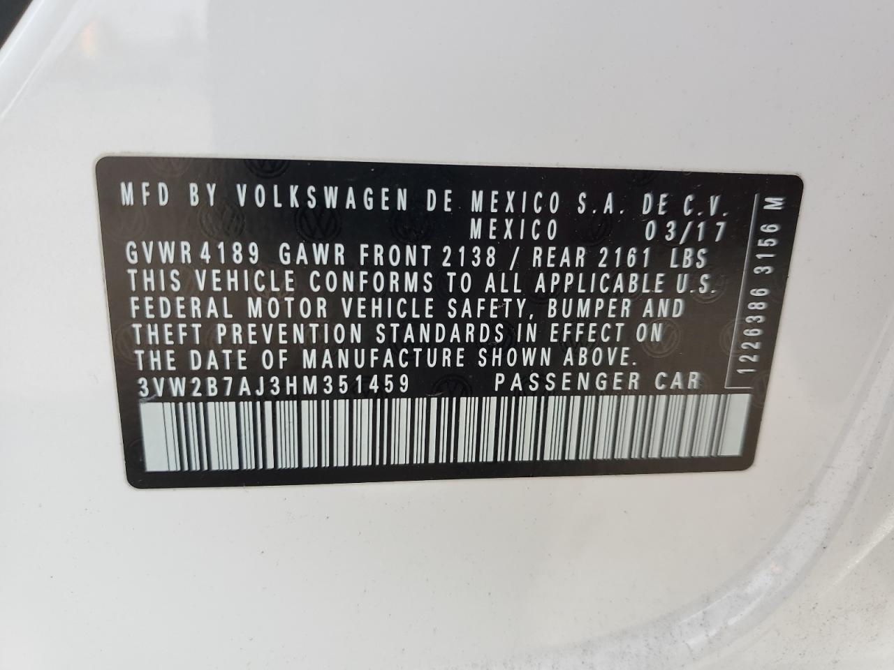 3VW2B7AJ3HM351459 2017 Volkswagen Jetta S