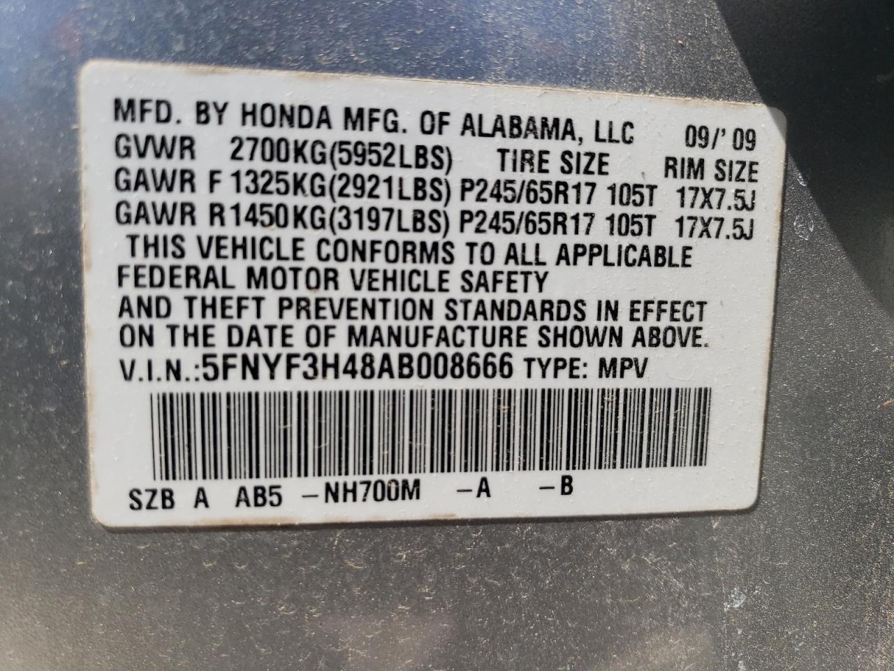 5FNYF3H48AB008666 2010 Honda Pilot Ex