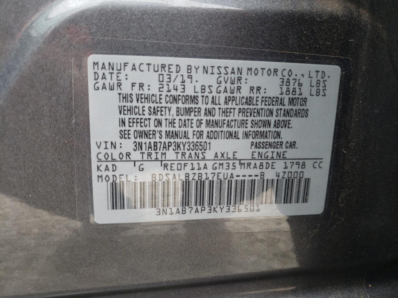 3N1AB7AP3KY336501 2019 Nissan Sentra S