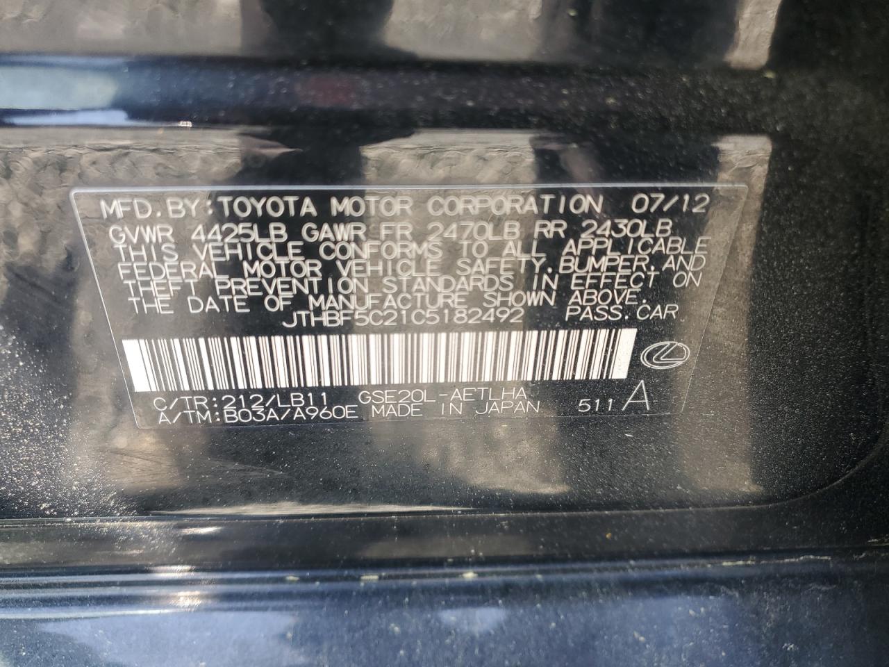 JTHBF5C21C5182492 2012 Lexus Is 250