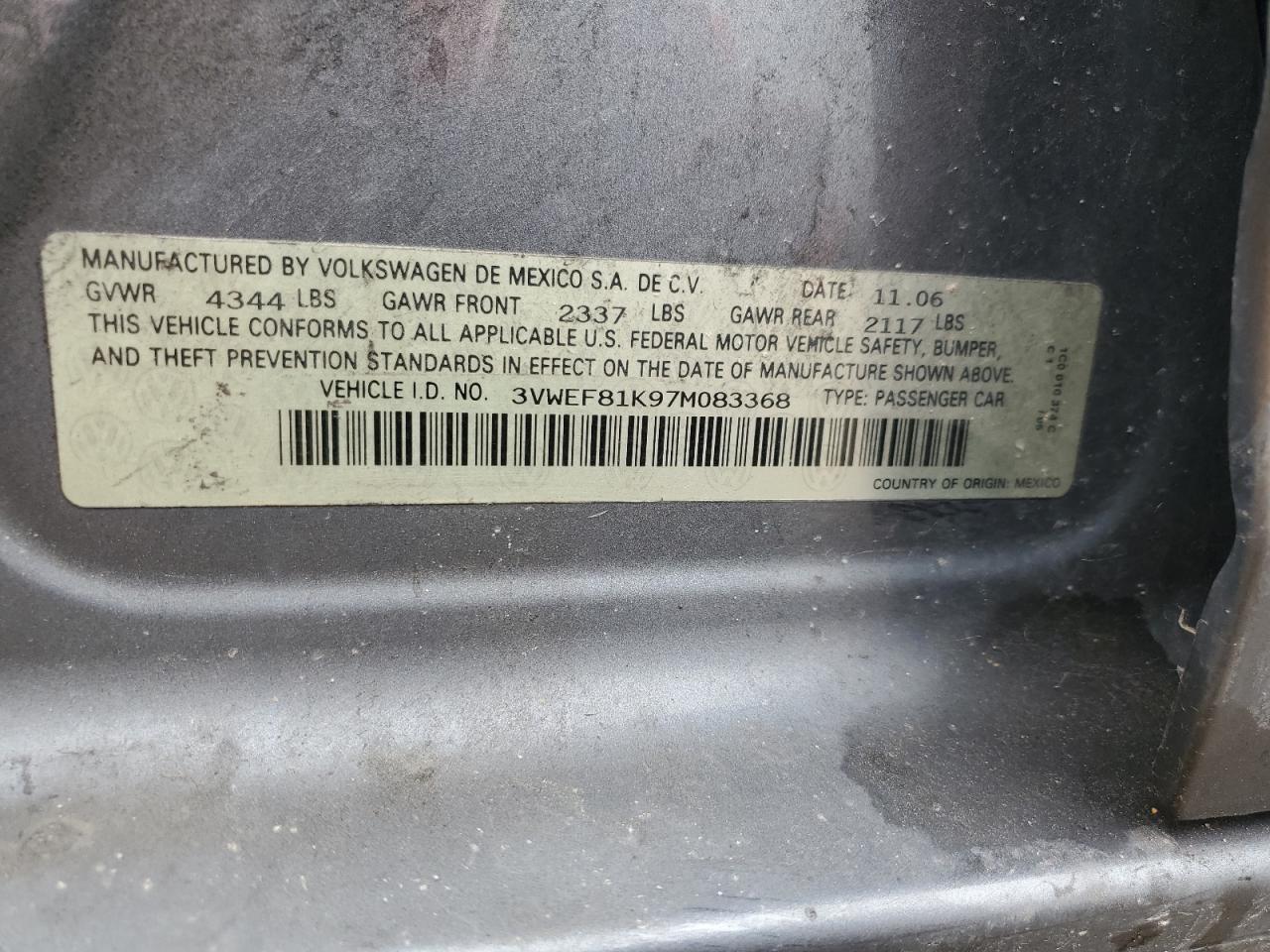 3VWEF81K97M083368 2007 Volkswagen Jetta Wolfsburg