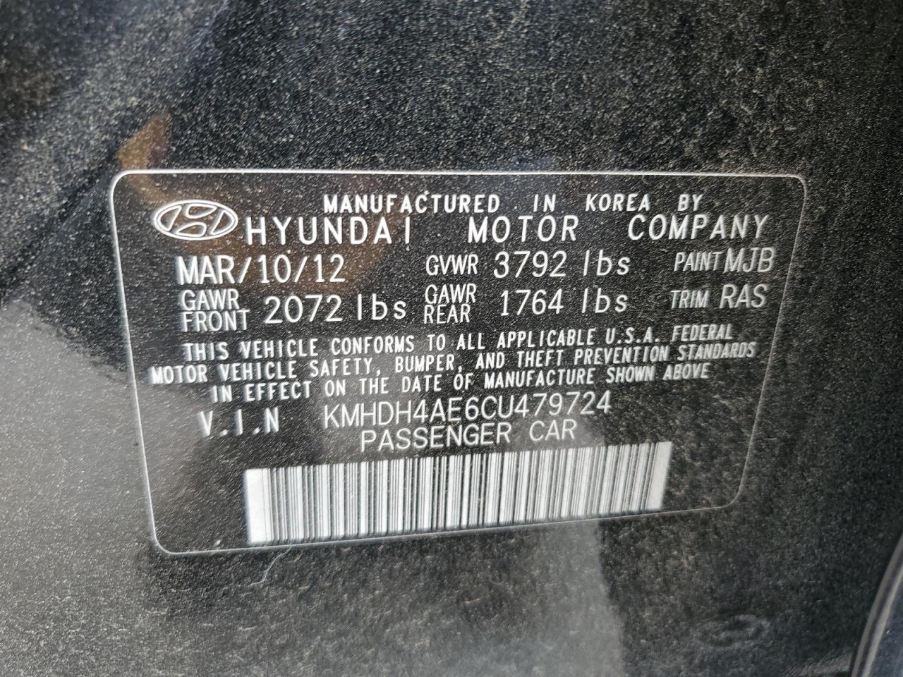 KMHDH4AE6CU479724 2012 Hyundai Elantra Gls