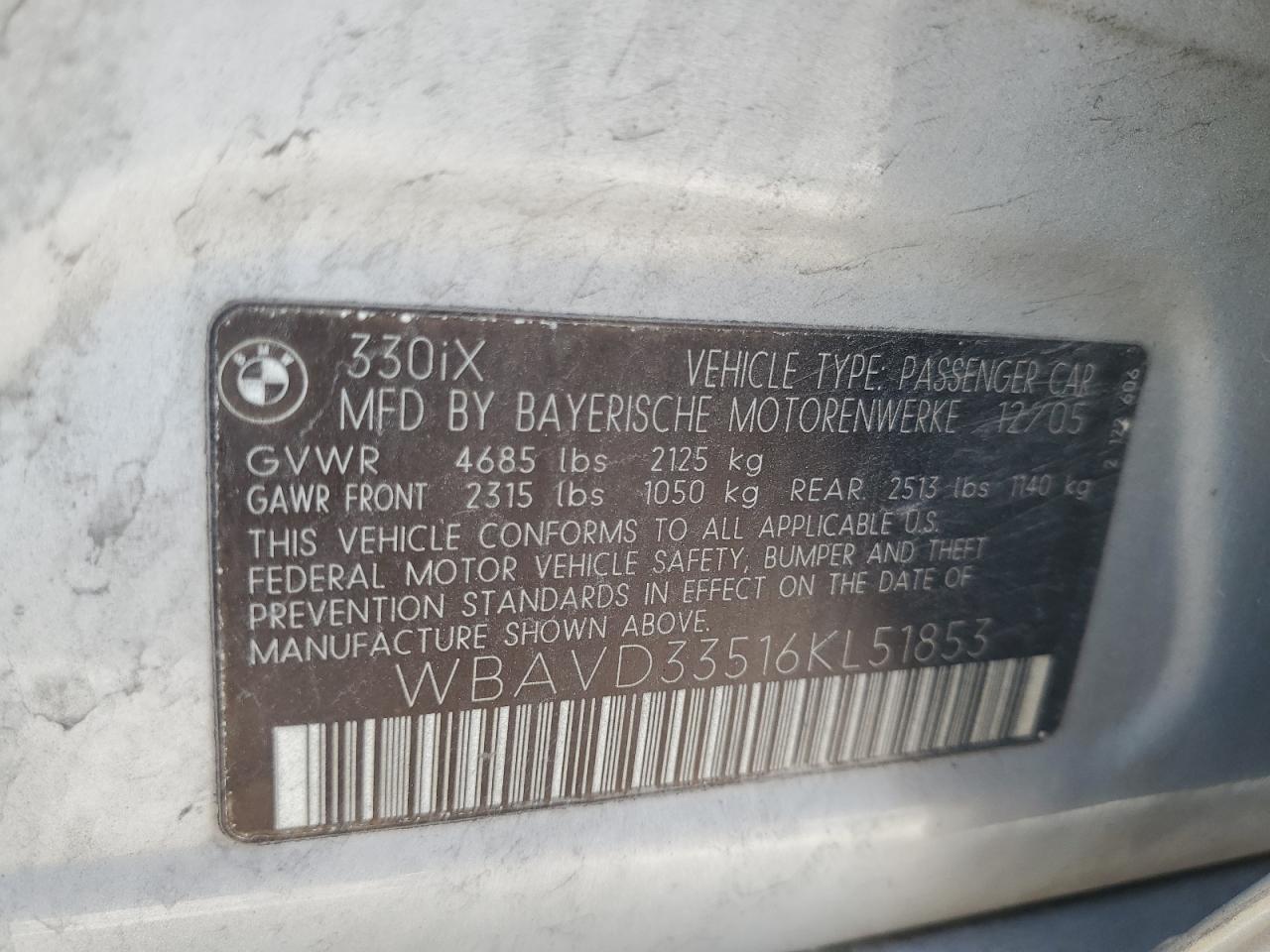 WBAVD33516KL51853 2006 BMW 330 Xi