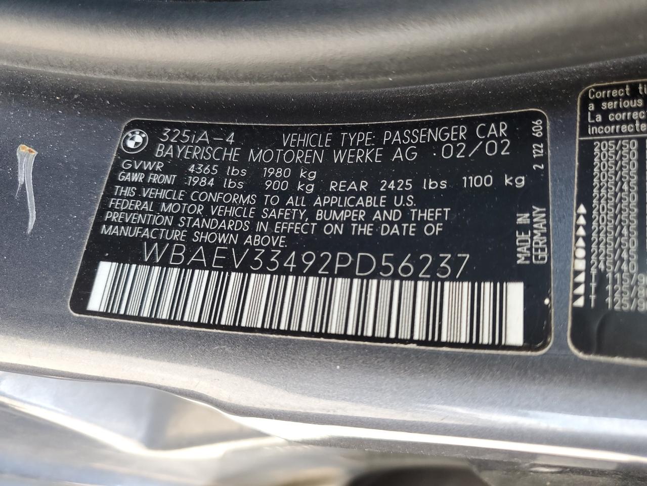 WBAEV33492PD56237 2002 BMW 325 I