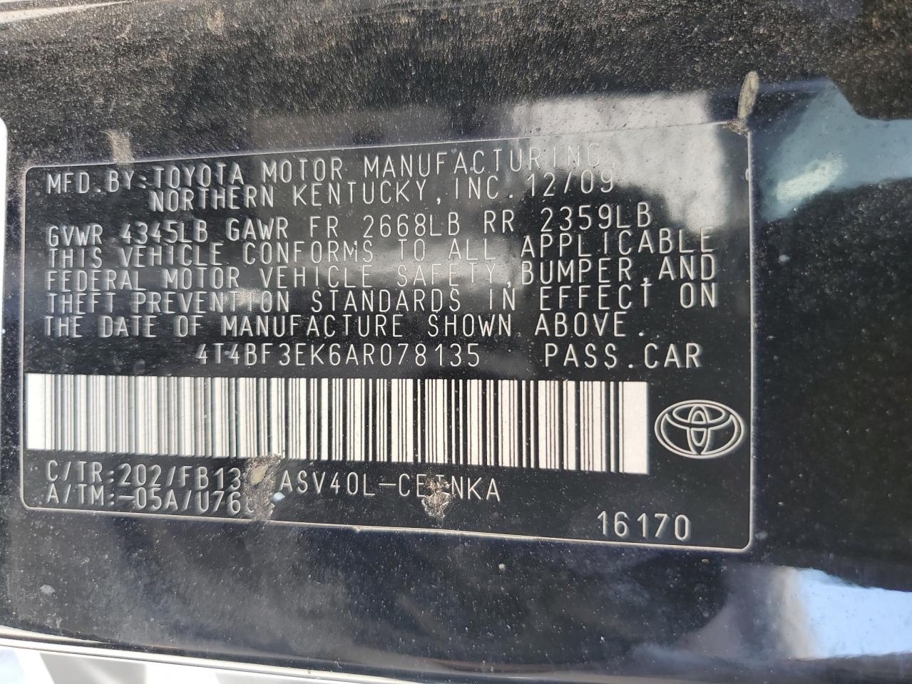 4T4BF3EK6AR078135 2010 Toyota Camry Base