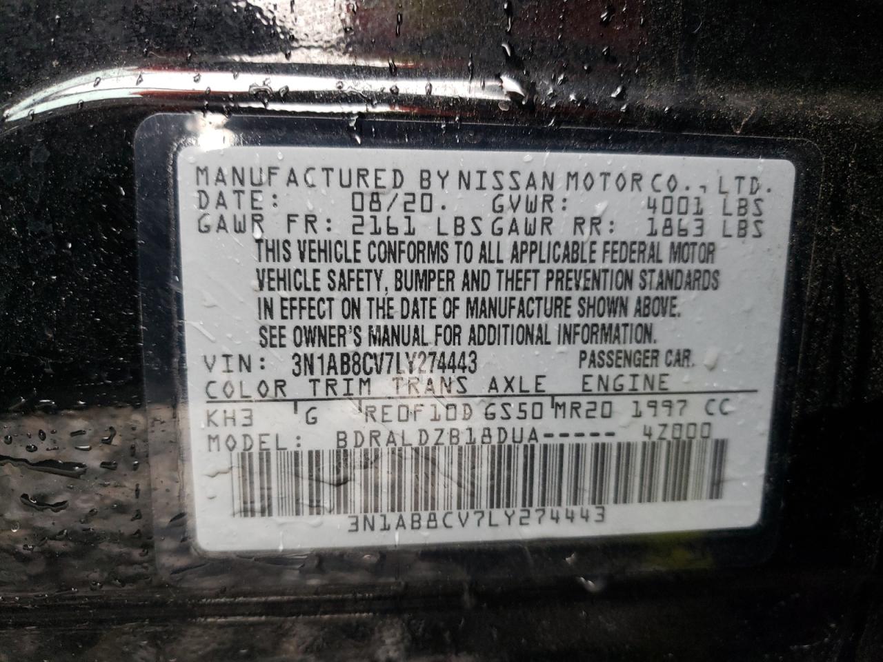 3N1AB8CV7LY274443 2020 Nissan Sentra Sv