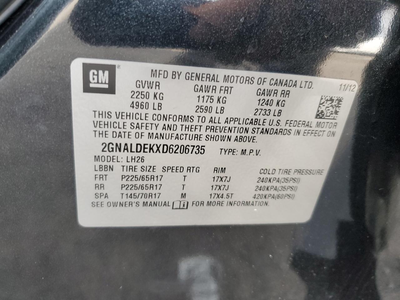 2GNALDEKXD6206735 2013 Chevrolet Equinox Lt