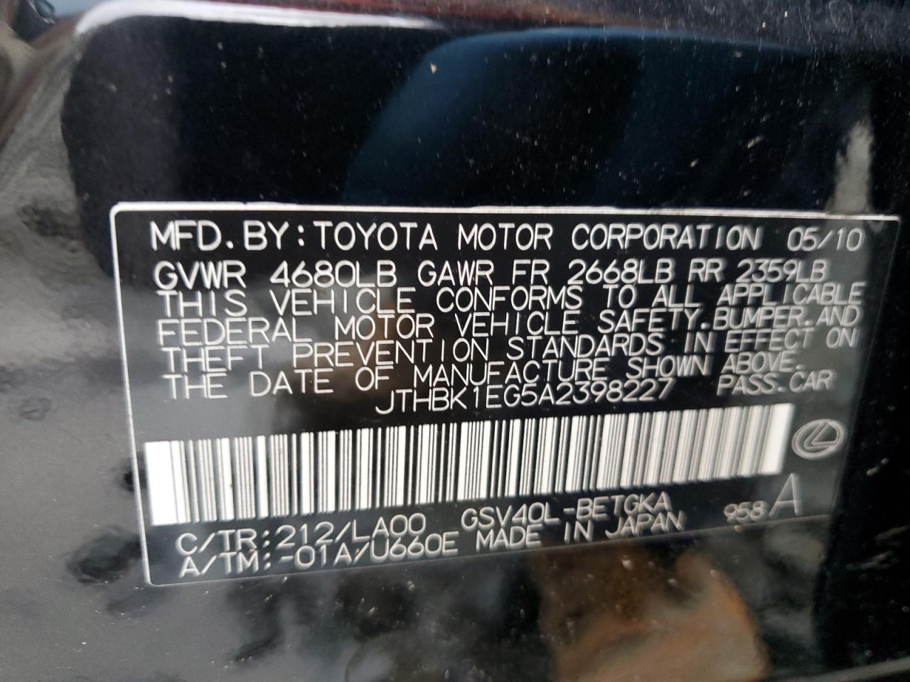 JTHBK1EG5A2398227 2010 Lexus Es 350