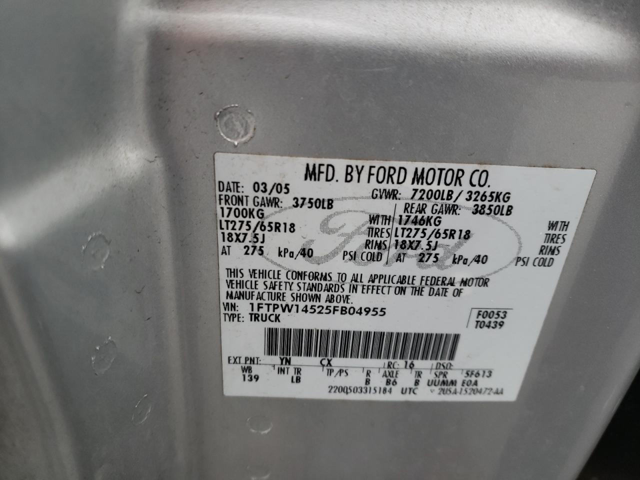 1FTPW14525FB04955 2005 Ford F150 Supercrew