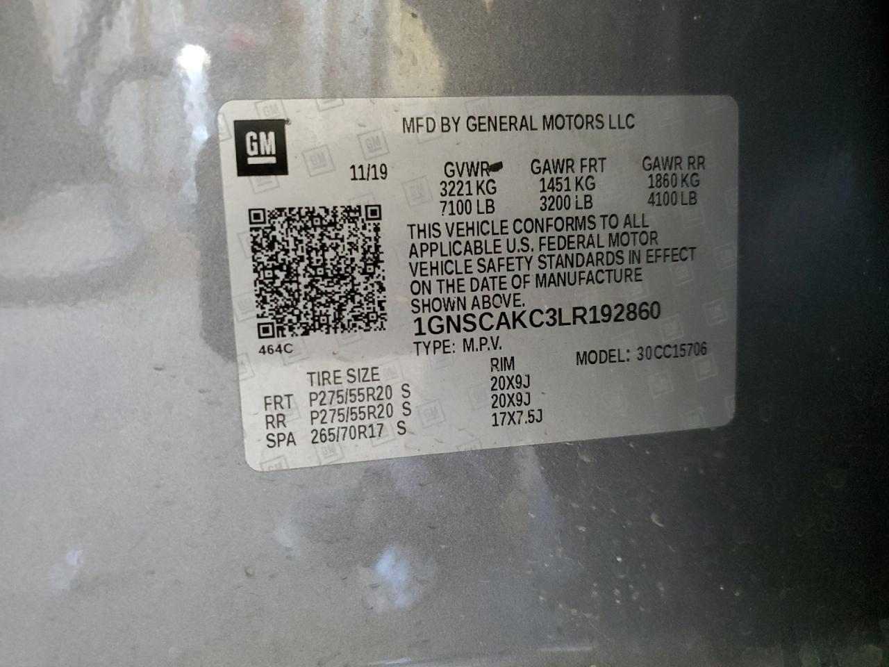 VIN: 1GNSCAKC3LR192860 2020 CHEVROLET TAHOE