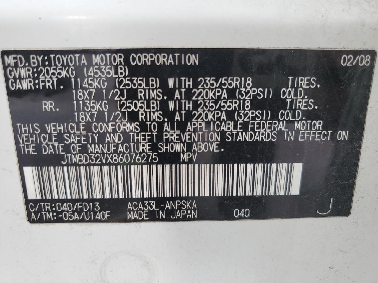 JTMBD32VX86076275 2008 Toyota Rav4 Sport