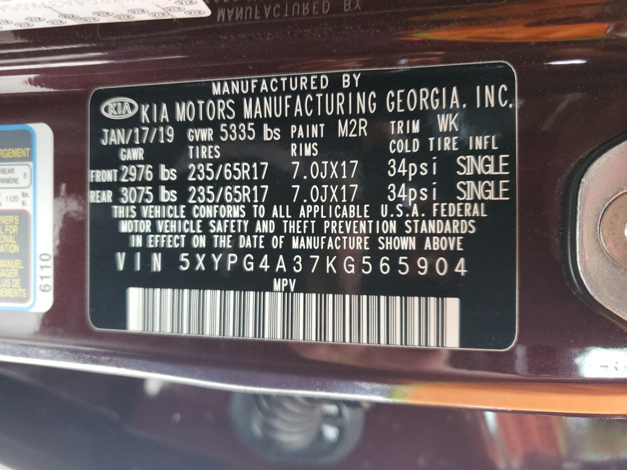 5XYPG4A37KG565904 2019 Kia Sorento L