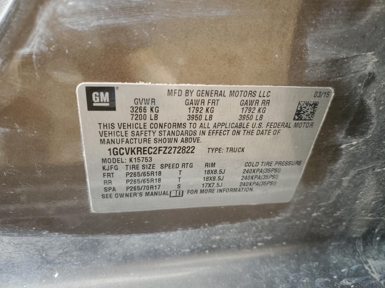 1GCVKREC2FZ272822 2015 Chevrolet Silverado K1500 Lt