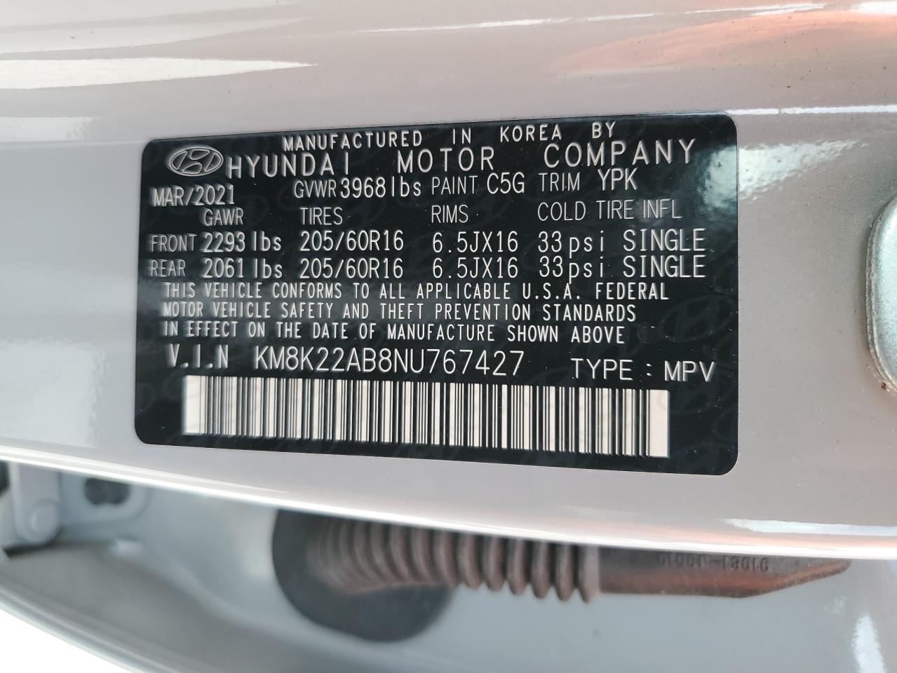 KM8K22AB8NU767427 2022 Hyundai Kona Sel