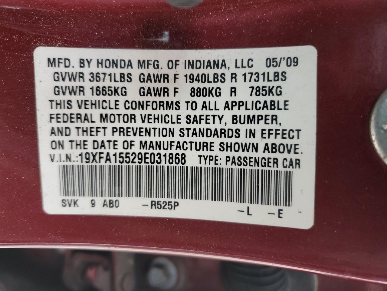 19XFA15529E031868 2009 Honda Civic Lx