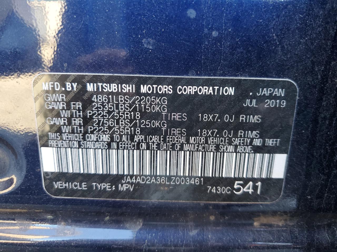 JA4AD2A36LZ003461 2020 Mitsubishi Outlander Es