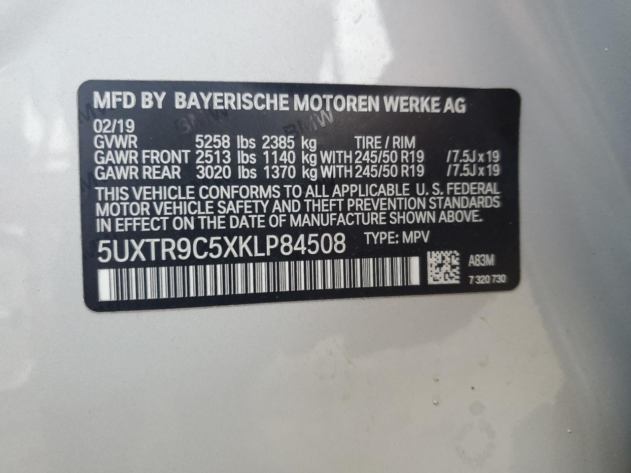 5UXTR9C5XKLP84508 2019 BMW X3 xDrive30I