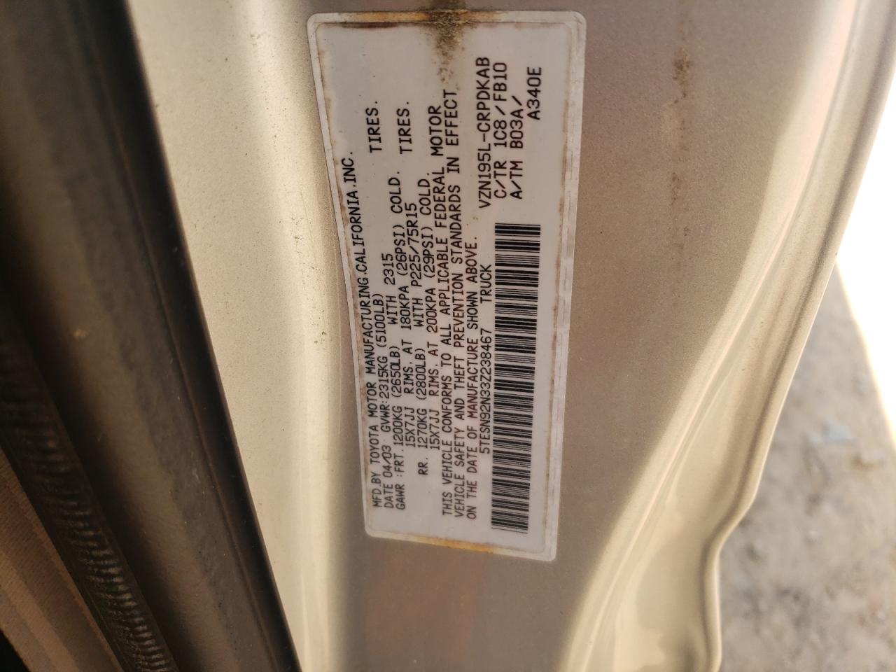 5TESN92N33Z238467 2003 Toyota Tacoma Xtracab Prerunner