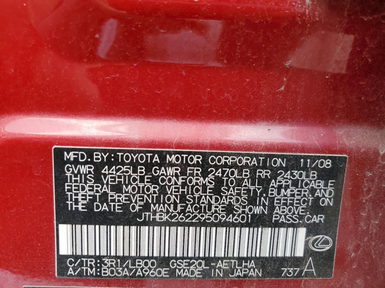 JTHBK262295094601 2009 Lexus Is 250