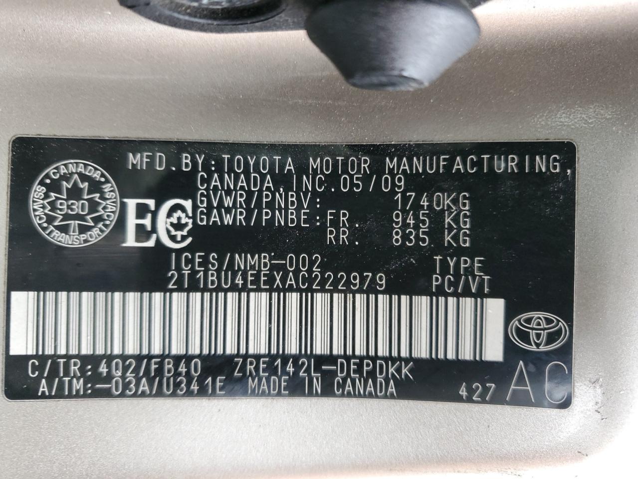 2T1BU4EEXAC222979 2010 Toyota Corolla Base