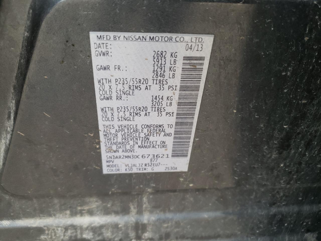 5N1AR2MN3DC673621 2013 Nissan Pathfinder S