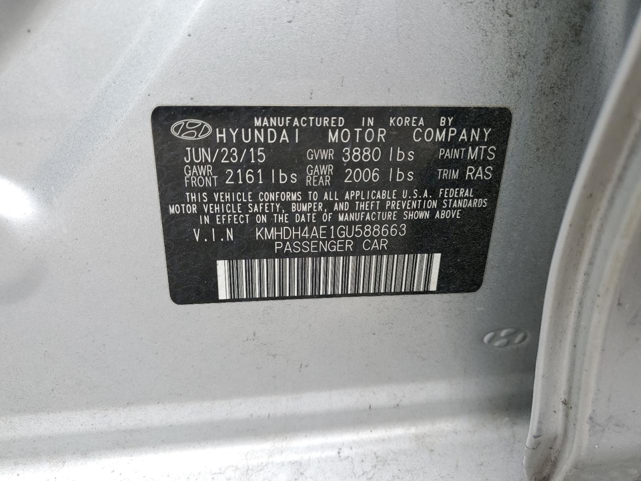 KMHDH4AE1GU588663 2016 Hyundai Elantra Se