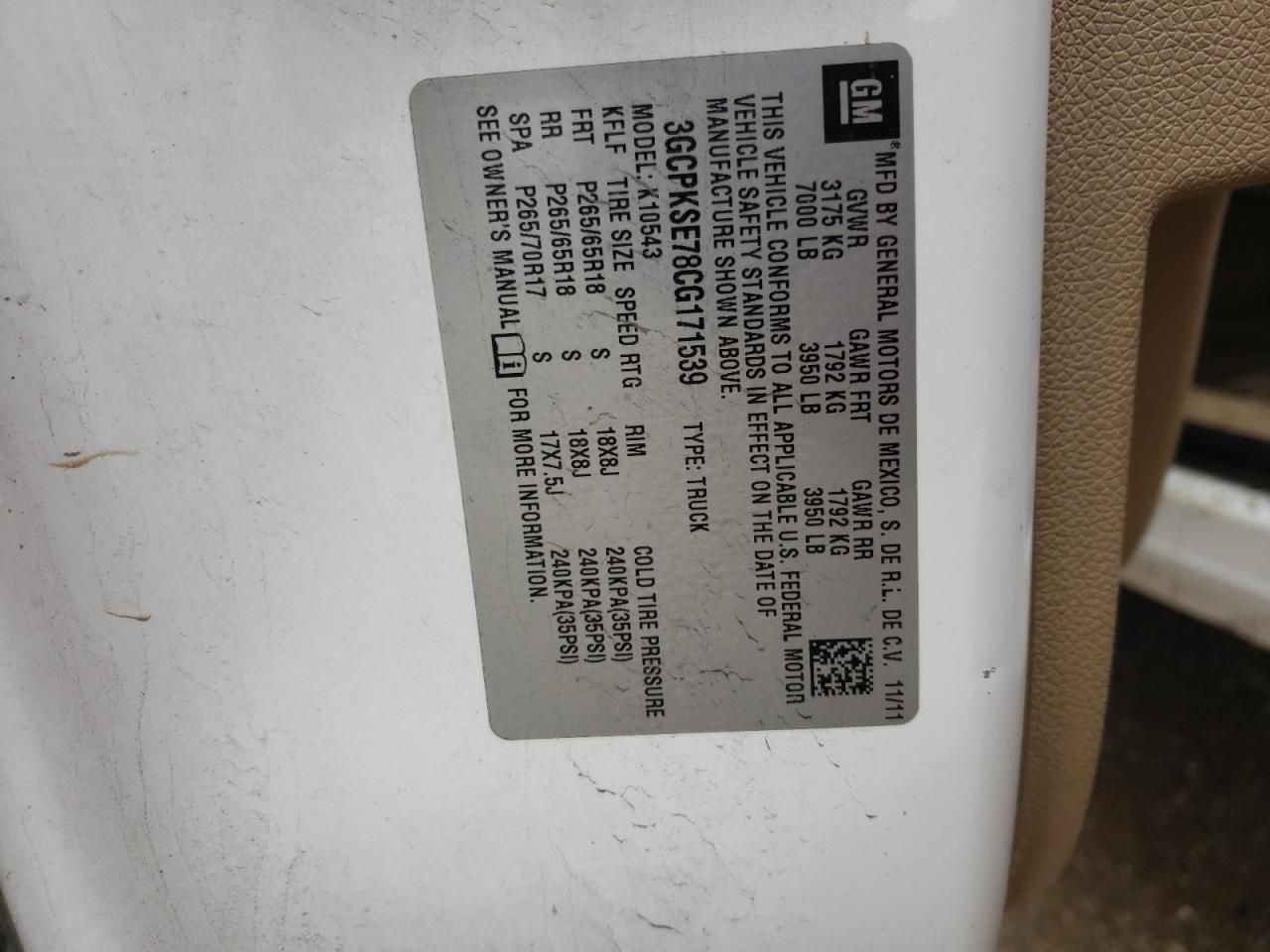 3GCPKSE78CG171539 2012 Chevrolet Silverado K1500 Lt