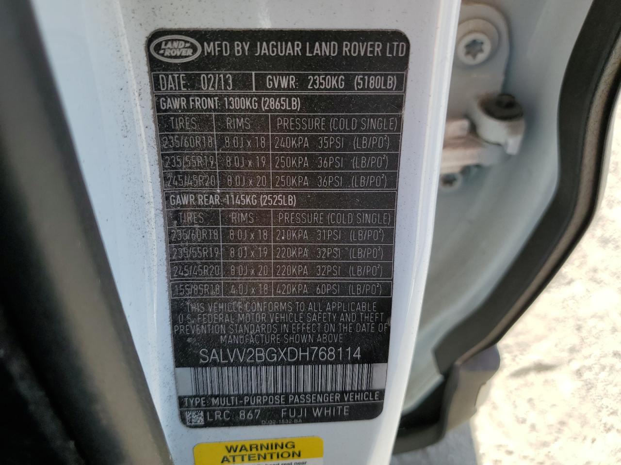 SALVV2BGXDH768114 2013 Land Rover Range Rover Evoque Prestige Premium