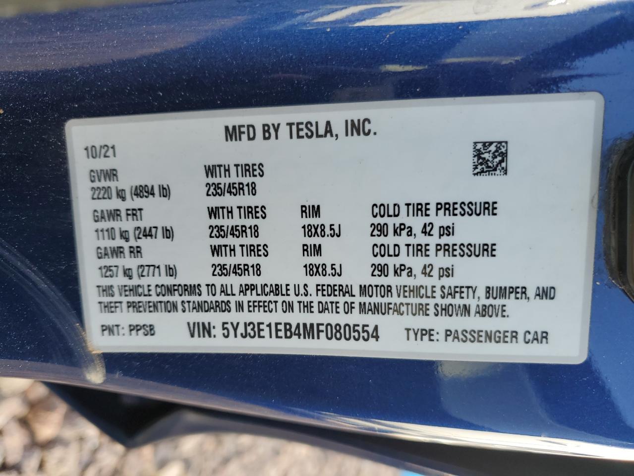 5YJ3E1EB4MF080554 2021 Tesla Model 3