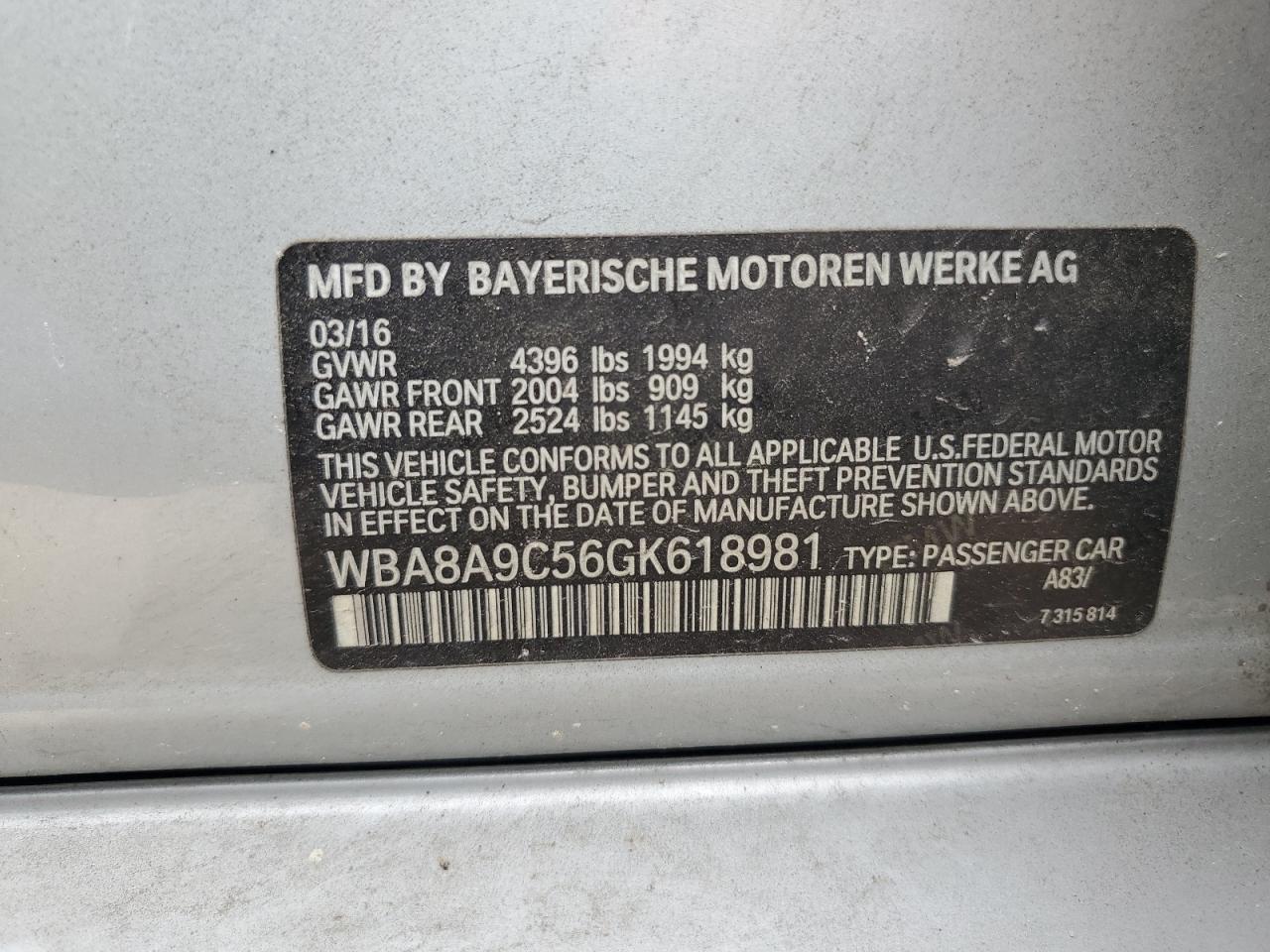 2016 BMW 320 I 2.0L(VIN: WBA8A9C56GK618981